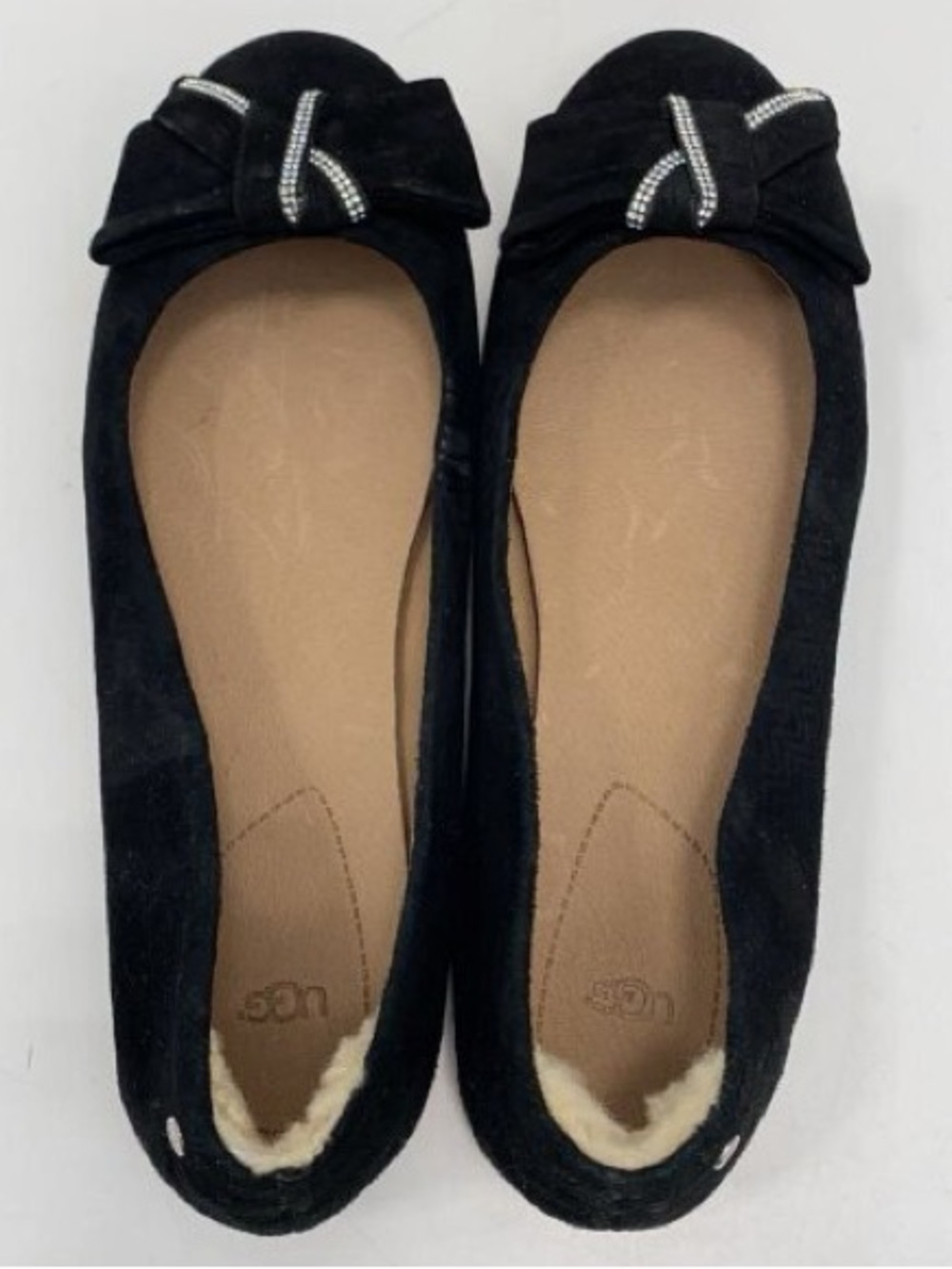 UGG Black Suede Ballet Flats Rhinestone Bow Quiet Luxury Chic Size 11 BNWT
